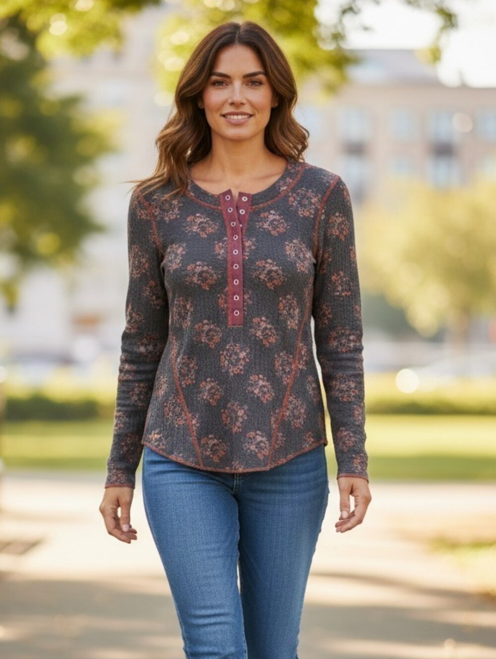 Natural Life Reagan Thermal Henley Sz XS Olive Rust Fall WT256